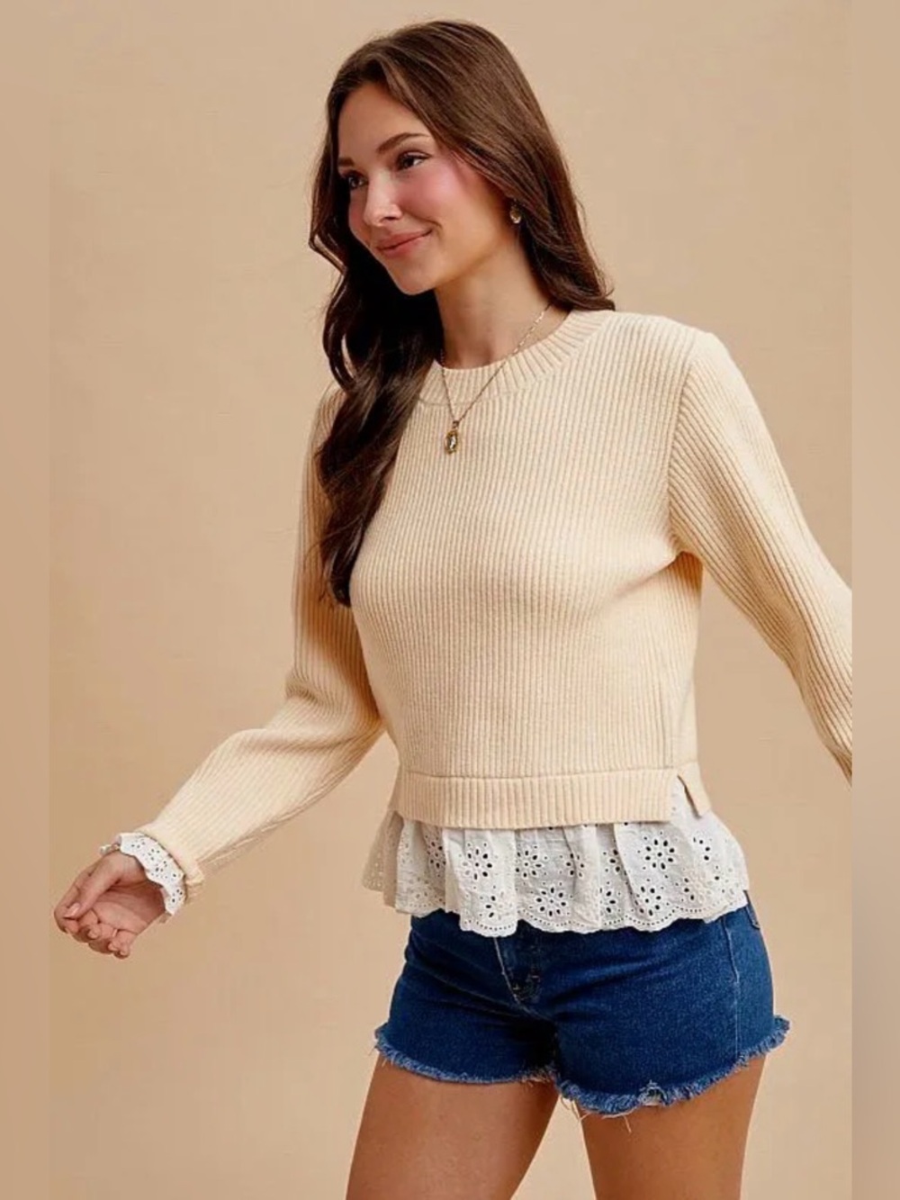 Lace Trim Rib Knit Sweater Cream NWT | AnnieWear | S - Picture 4 of 5